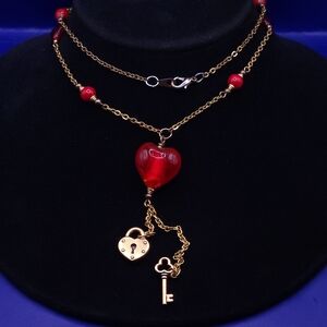 Gold-tone and Red Heart Pendant Necklace
